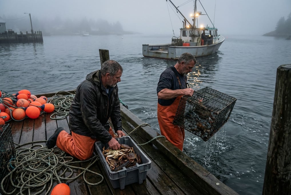 Two men in rain gear hauling lobster traps on a foggy morning dock