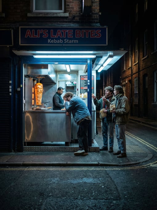 Three friends at a late-night kebab stand after a night out