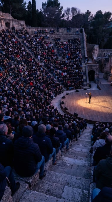 A packed outdoor amphitheater during a spoken-word poetry event at dusk