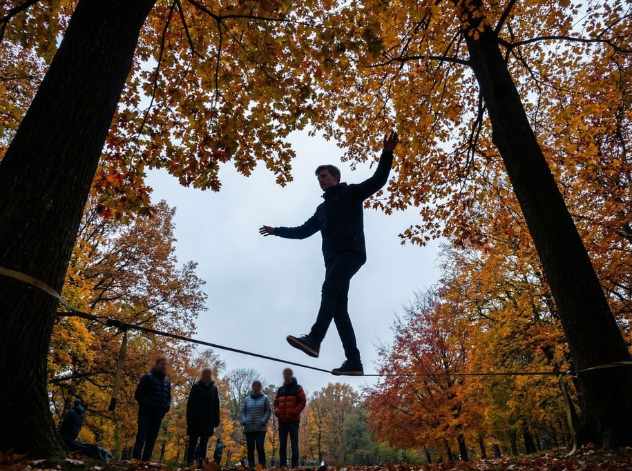 A man in his 20s walking a tightrope between two trees in a park
