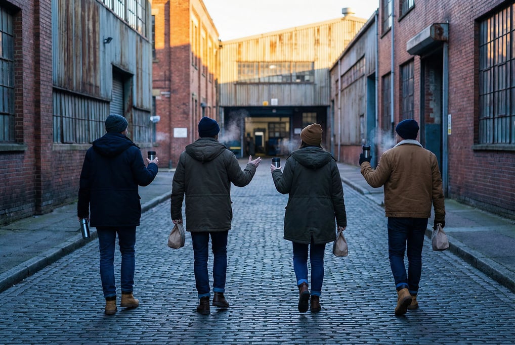 Four coworkers walking through a morning industrial district to their workshop