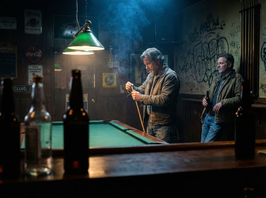 Two men in their 50s at a dive bar playing pool