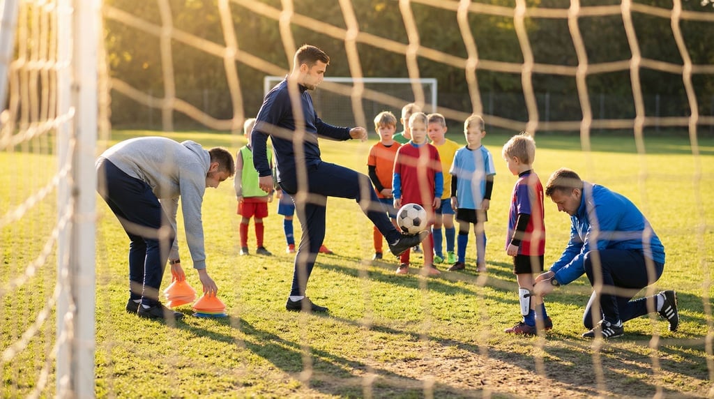 Three friends volunteer-coaching at a youth soccer practice