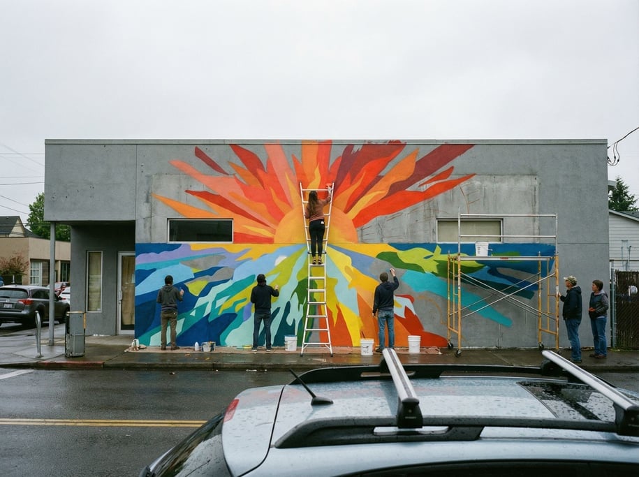 Four people at a community mural painting day