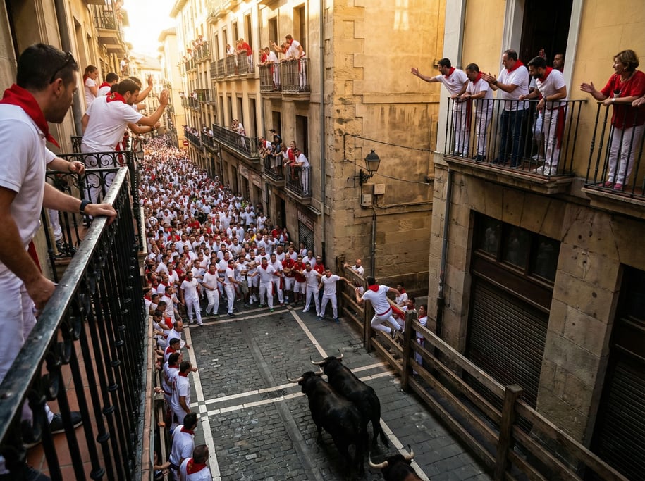 A massive running of the bulls-style festival with a dense crowd in a narrow European street