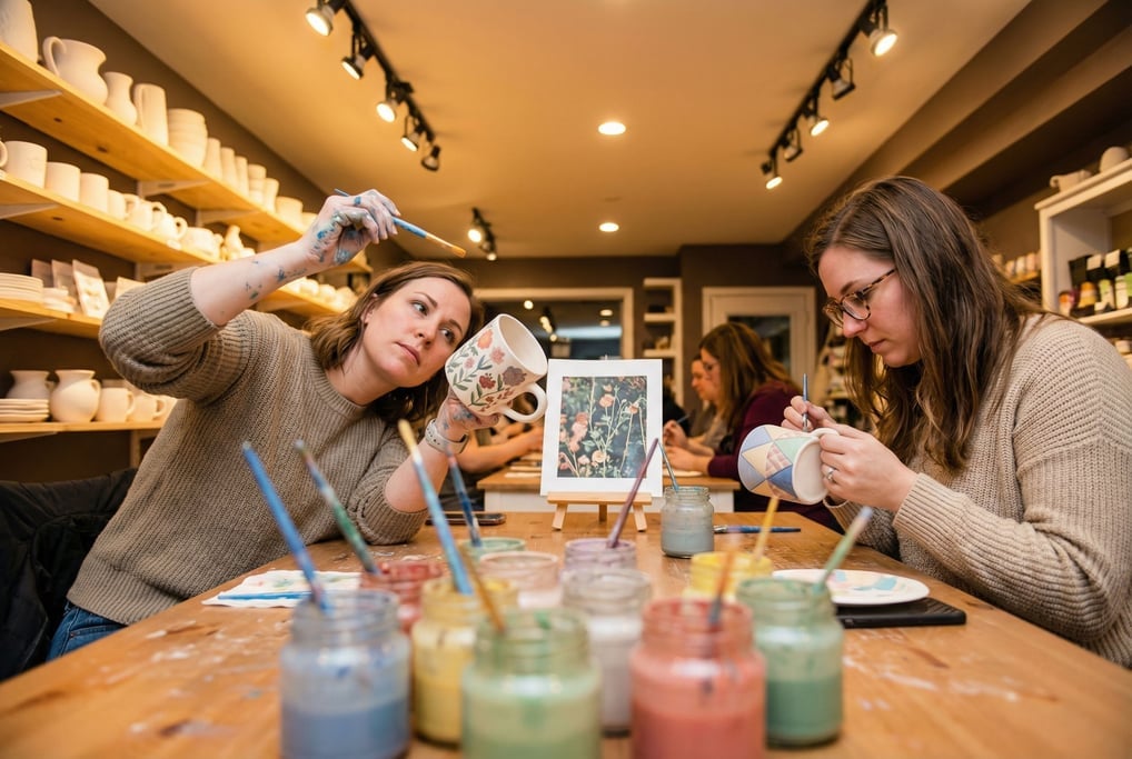Two friends in their 30s at a pottery painting cafe