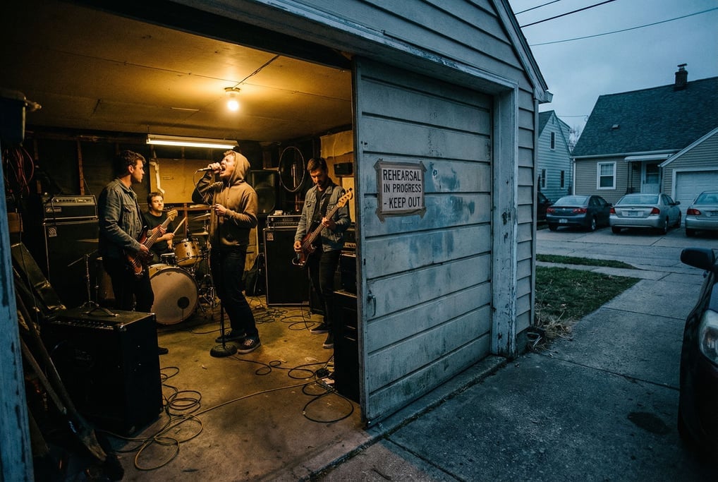 Three people at a garage band rehearsal