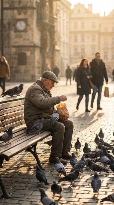 A man in his 70s feeding pigeons alone in a city square