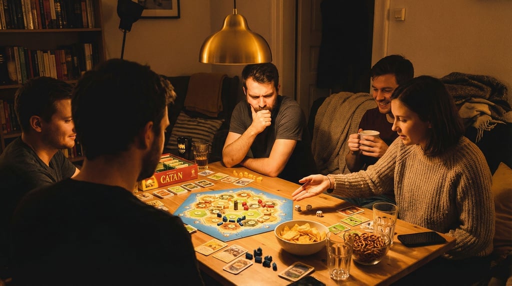 Four friends at a board game night in a small apartment