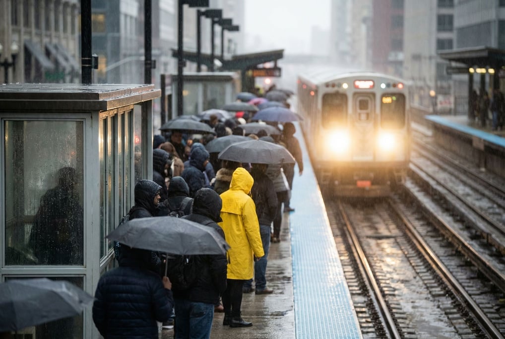 A packed commuter train platform in the rain
