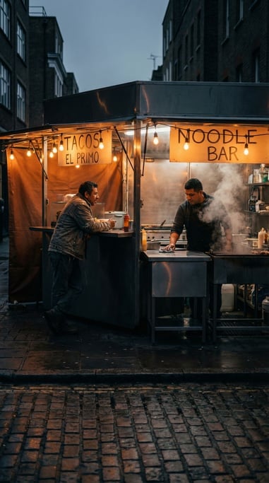Two street food vendors at adjacent stalls chatting during a slow moment