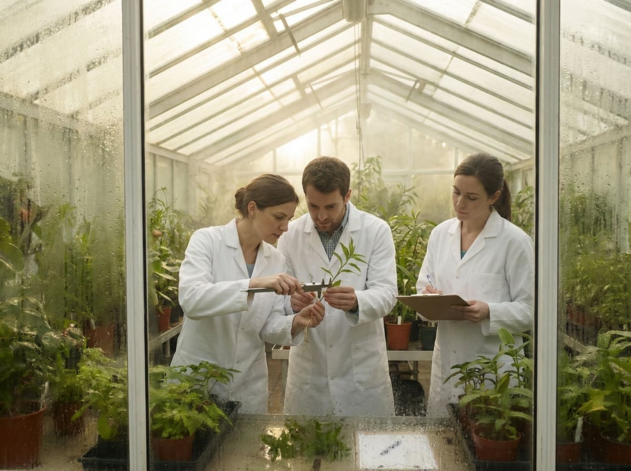 Three scientists in a greenhouse laboratory examining plant specimens