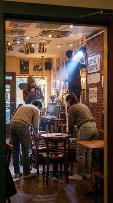 Four people setting up for a community open-mic night at a small cafe