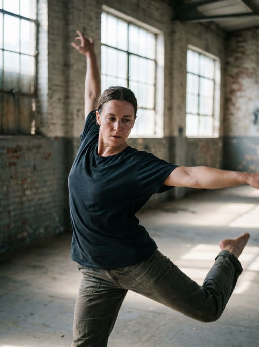 A dancer mid-movement in a raw industrial space, slight motion blur on extremities, core sharp (s9ezdcsf)
