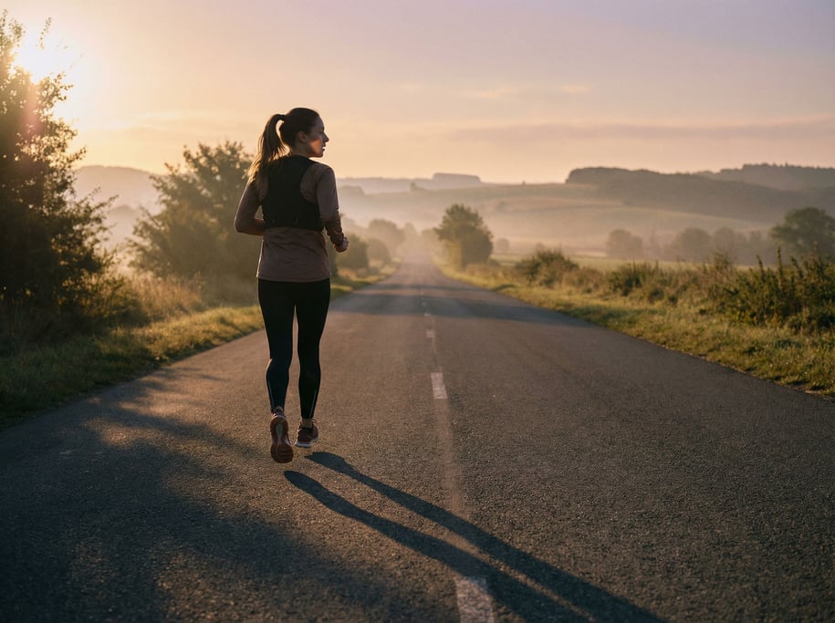 A woman running on an empty road at dawn, shot from behind, long shadows stretching forward (ol7d0rro)