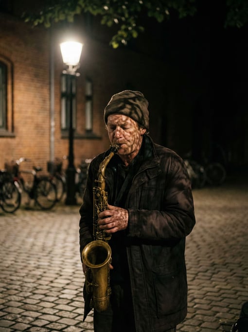 A street musician playing saxophone under a pool of streetlight, everything else in shadow