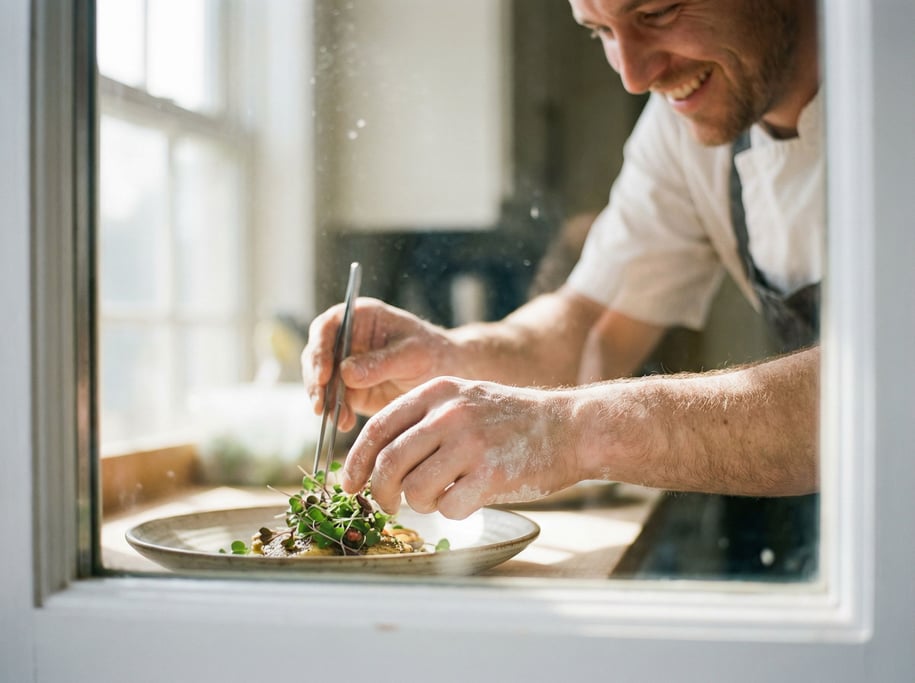 A chef's hands plating a dish with intense focus, shallow depth of field on the fingertips and food (enr3qsqr)