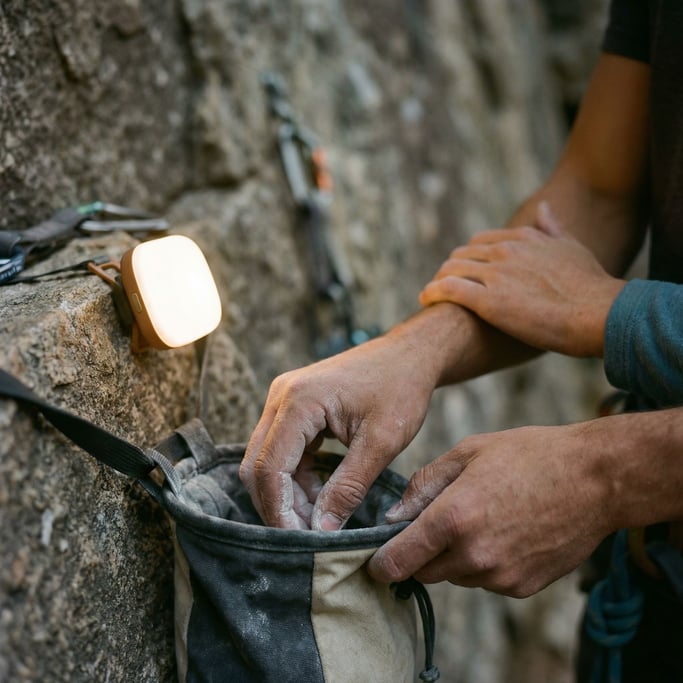 A climber chalking their hands before a route, close-up on the texture of chalk and skin (a9sl1k0x)
