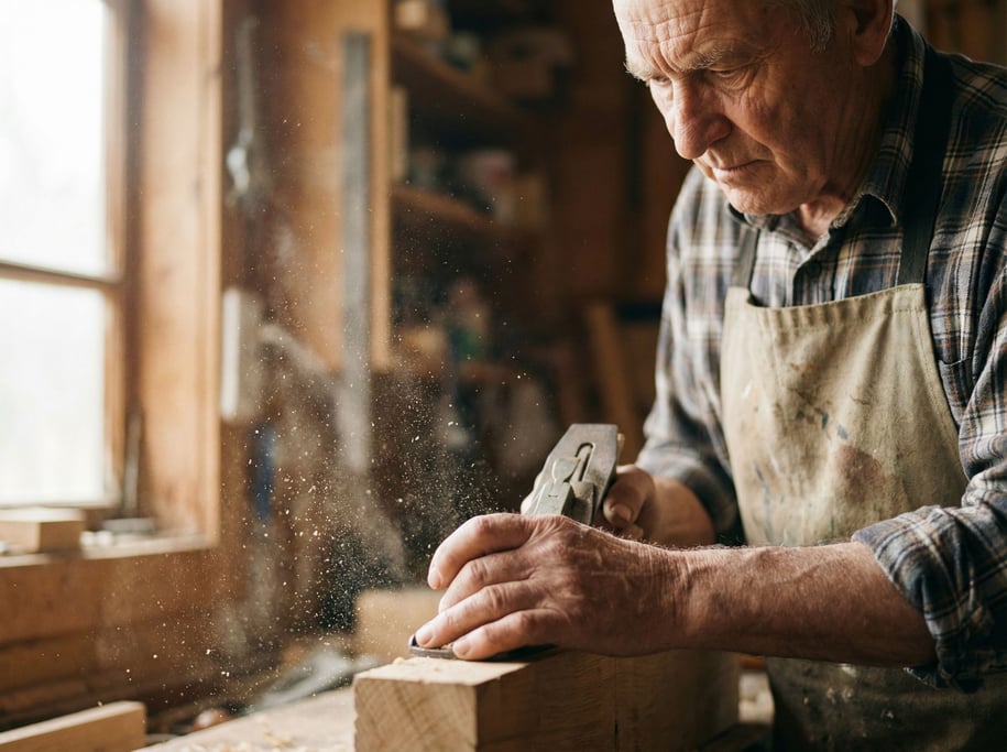 An elderly craftsman's weathered hands shaping wood with a hand plane, sawdust in the air