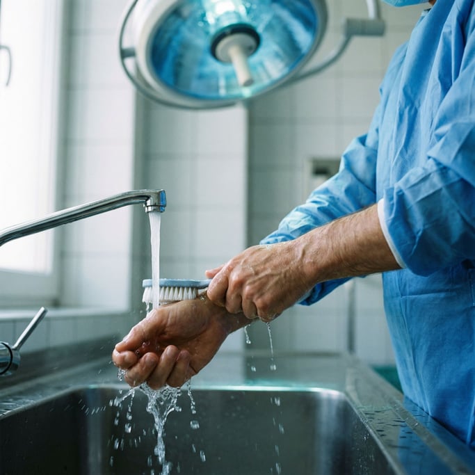 A surgeon scrubbing in, close-up on hands under water, sterile blue-tinted light (rovdnsxc)