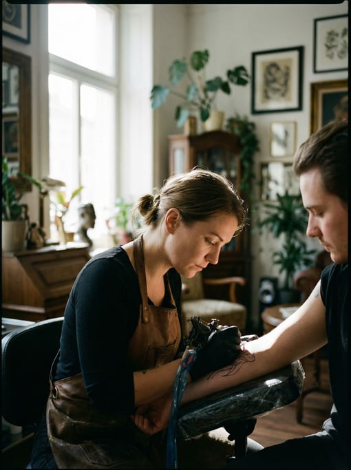 A tattoo artist at work, needle to skin, both faces in concentration (xauvhqae)