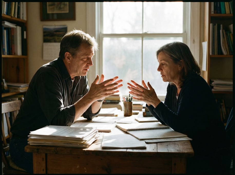 Two colleagues in animated conversation across a table, hands gesturing, papers between them (h)