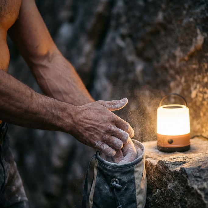 A climber chalking their hands before a route, close-up on the texture of chalk and skin (ysbyfj4u)