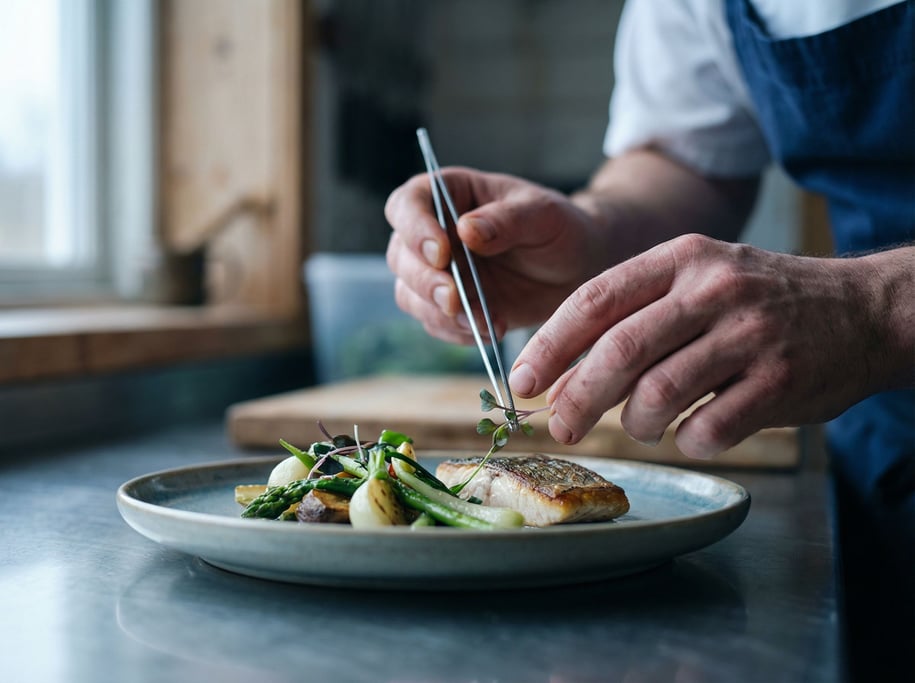 A chef's hands plating a dish with intense focus, shallow depth of field on the fingertips and food (vmm5oisb)