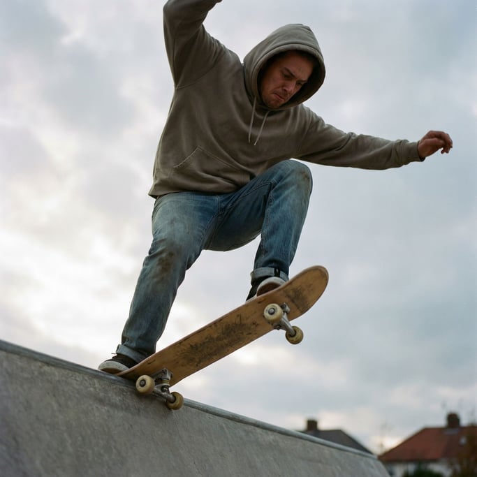A skateboarder mid-trick, frozen in air, low-angle shot against an open sky (8iq2mh8o)