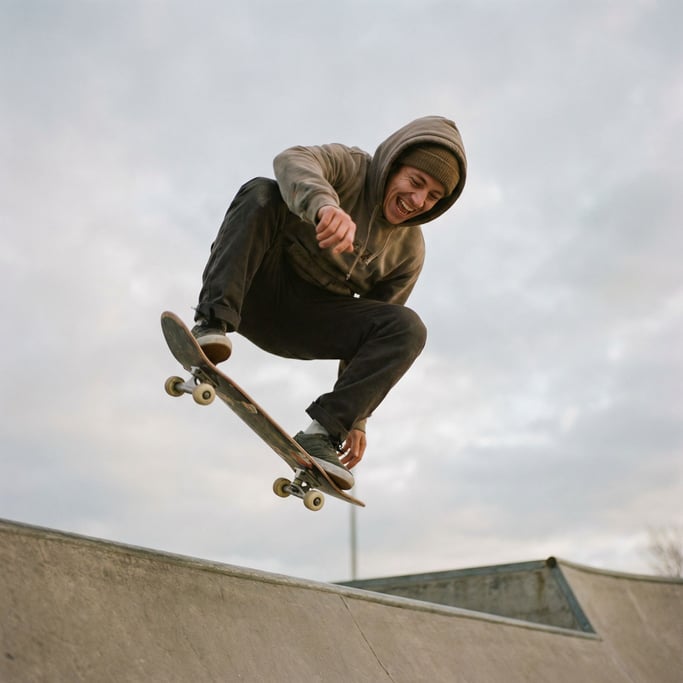 A skateboarder mid-trick, frozen in air, low-angle shot against an open sky (iz6a23uc)