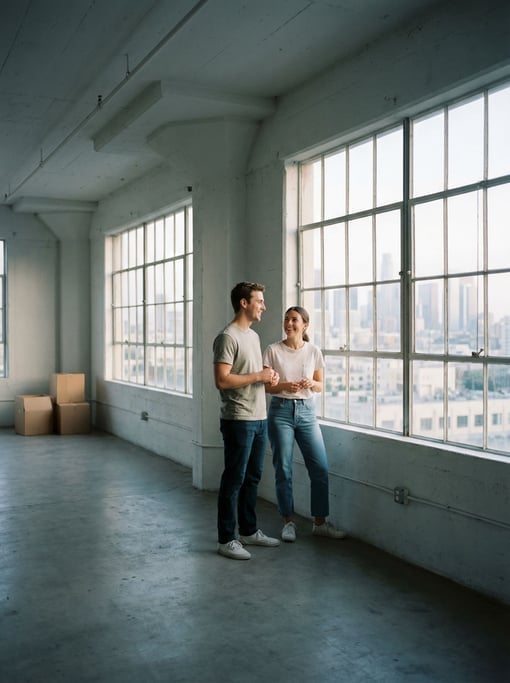 A young founder alone in an empty office space, wide shot, standing at a window looking out (j6yakrwy)
