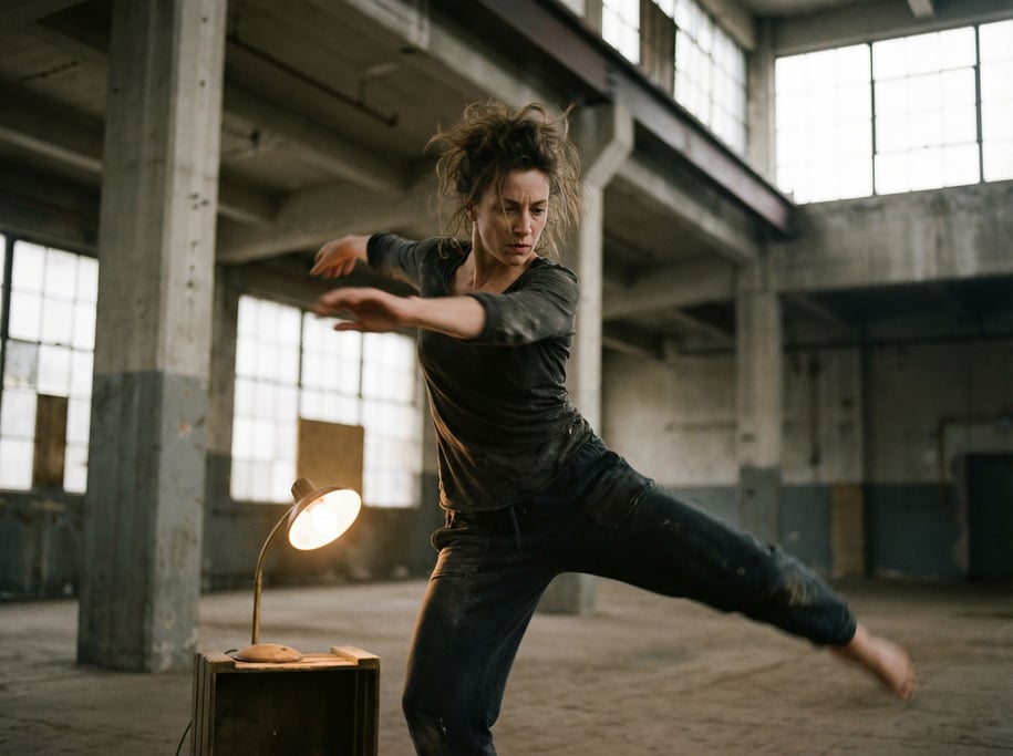 A dancer mid-movement in a raw industrial space, slight motion blur on extremities, core sharp (g7zvoryh)