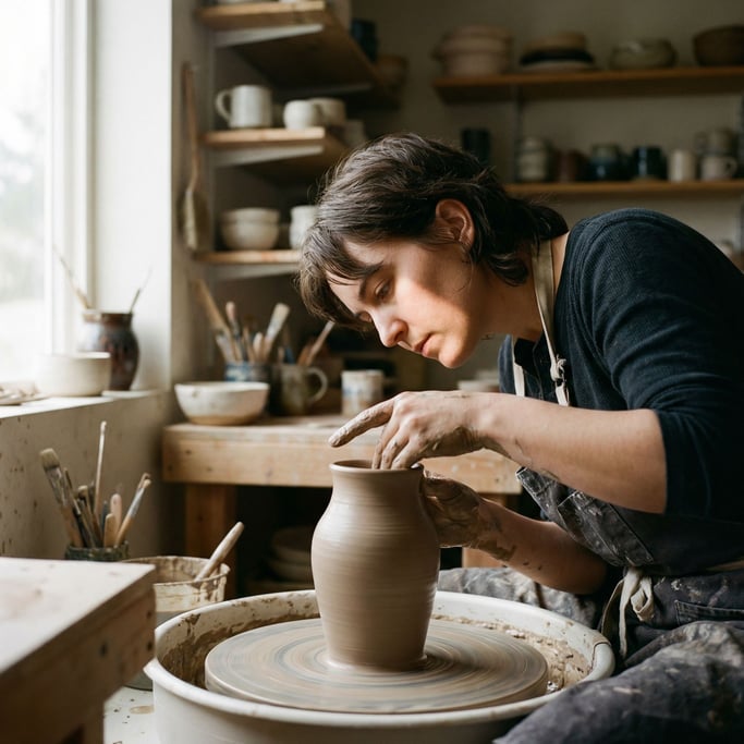 A potter pulling a tall vessel on the wheel, clay spinning, hands wet and precise (c0tvrih8)