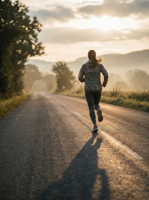 A woman running on an empty road at dawn, shot from behind, long shadows stretching forward (n)