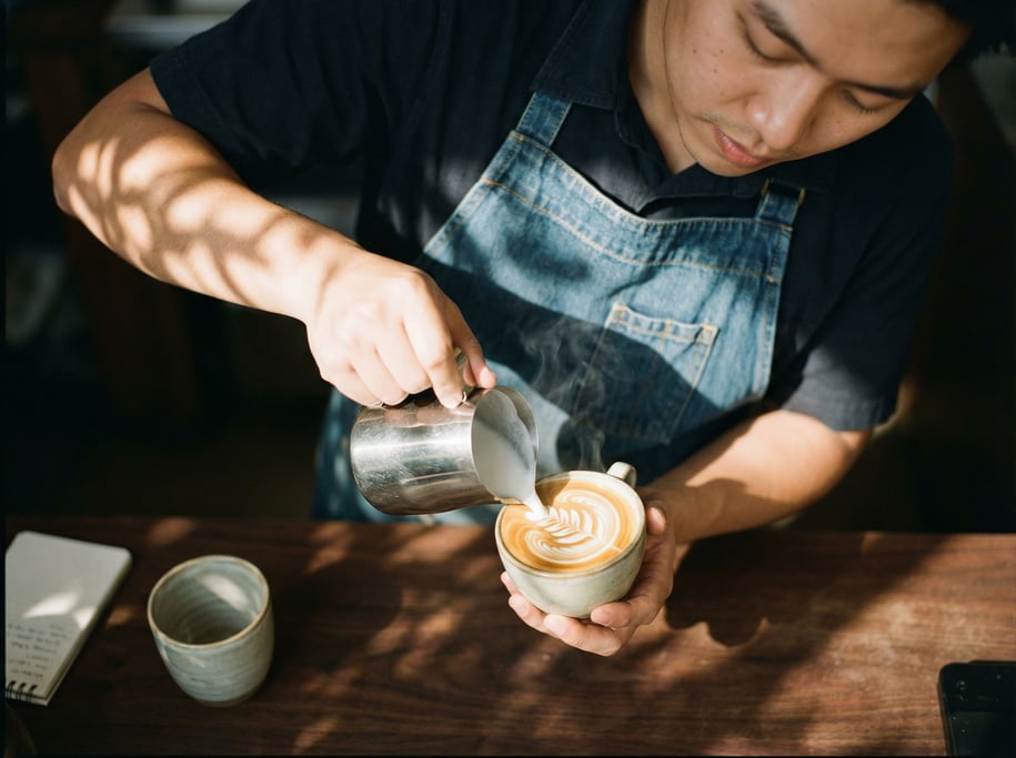 A barista pouring latte art, shot from above, steam and swirl patterns in the milk (kb0qjwtv)