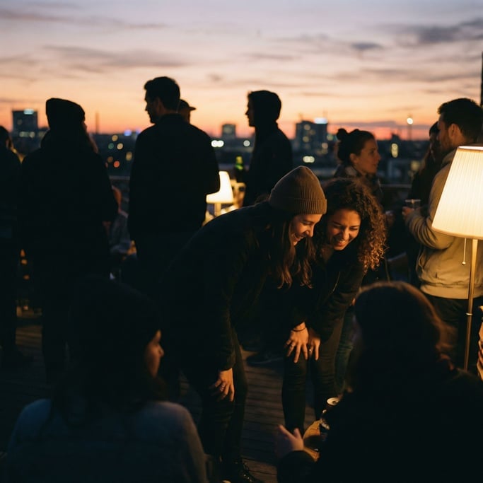 A group of friends on a rooftop at dusk, silhouetted against the skyline, laughing