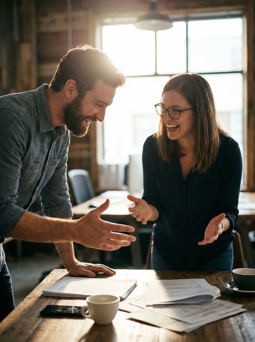 Two colleagues in animated conversation across a table, hands gesturing, papers between them (5stqgpck)
