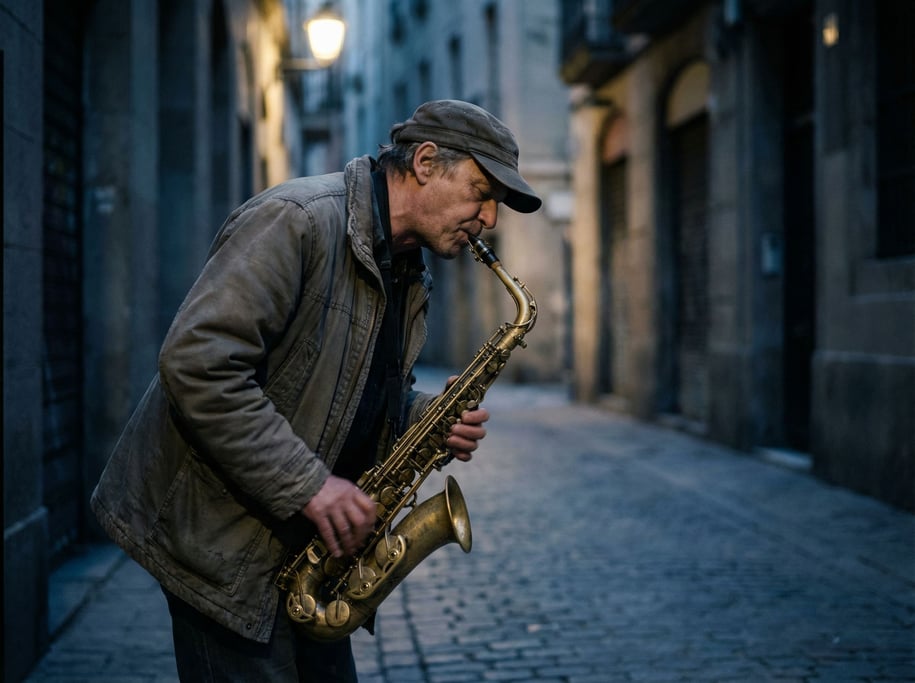 A street musician playing saxophone under a pool of streetlight, everything else in shadow (jok82y6y)