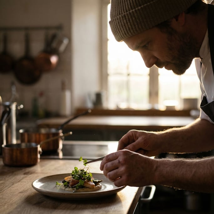 A chef's hands plating a dish with intense focus, shallow depth of field on the fingertips and food (lfjvs1c0)