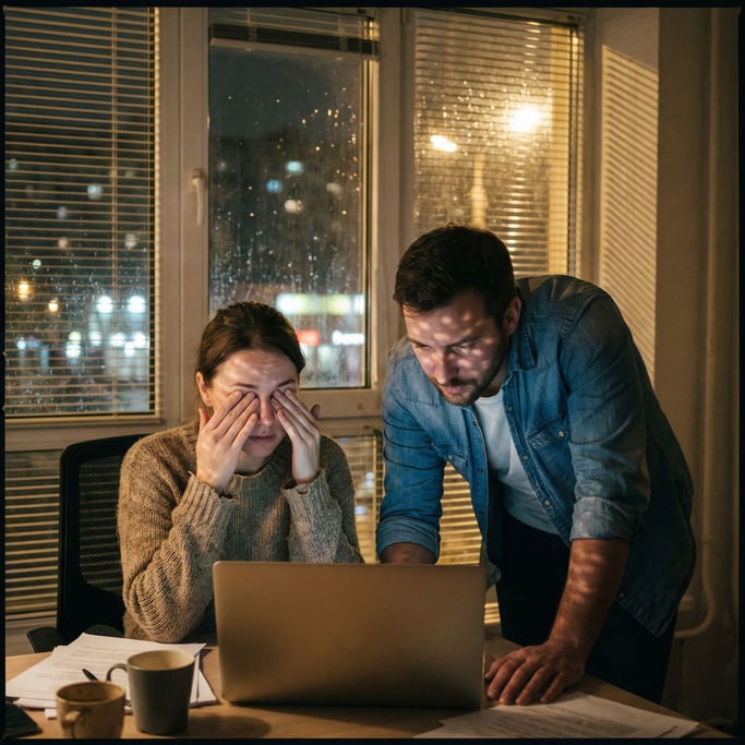 Two people working late, soft screen glow on their faces, city lights through the window behind