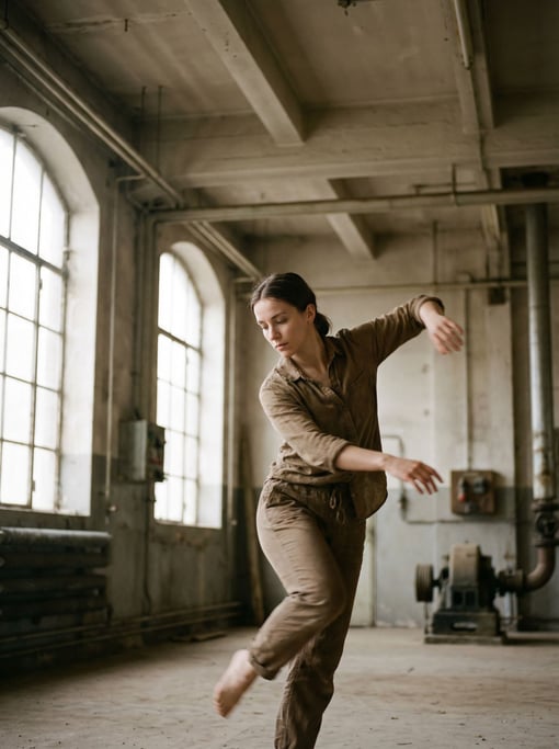 A dancer mid-movement in a raw industrial space, slight motion blur on extremities, core sharp (jxnaobks)