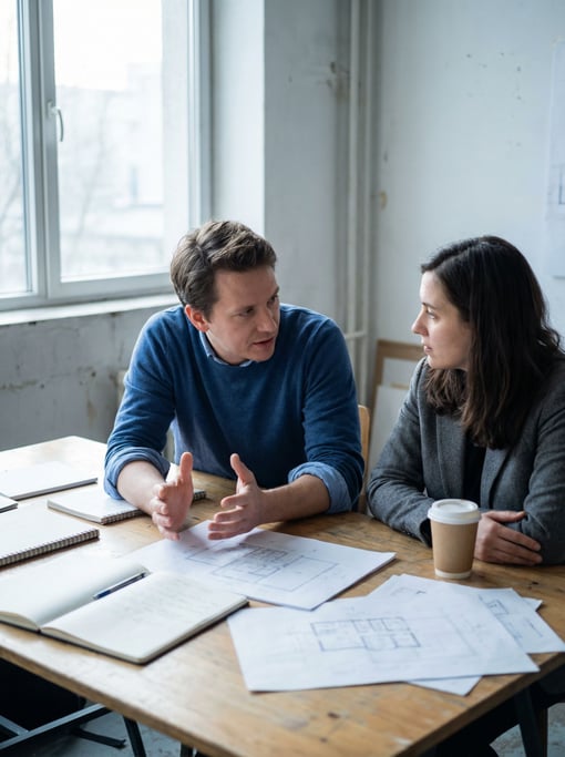 Two colleagues in animated conversation across a table, hands gesturing, papers between them (twqwe13i)