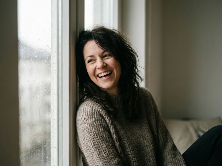 A woman in her 30s deep in thought at a window, face half-lit, rain streaking the glass beside her (vuzdb)