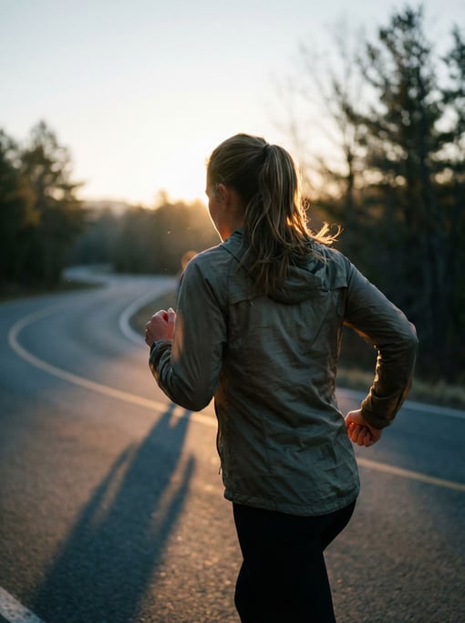 A woman running on an empty road at dawn, shot from behind, long shadows stretching forward (20bj3c3q)