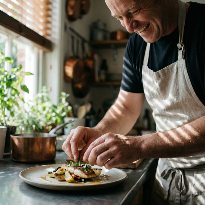 A chef's hands plating a dish with intense focus, shallow depth of field on the fingertips and food (3lfdqtyw)