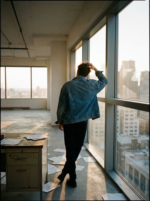 A young founder alone in an empty office space, wide shot, standing at a window looking out (btqcg43c)