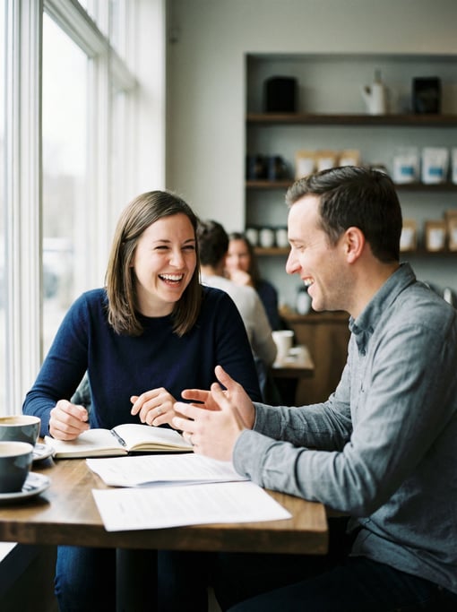 Two colleagues in animated conversation across a table, hands gesturing, papers between them (4bgx7j6)