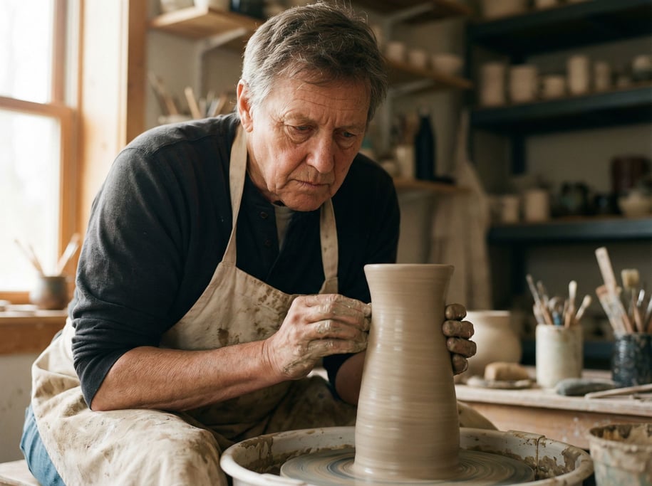 A potter pulling a tall vessel on the wheel, clay spinning, hands wet and precise (viyehtaa)