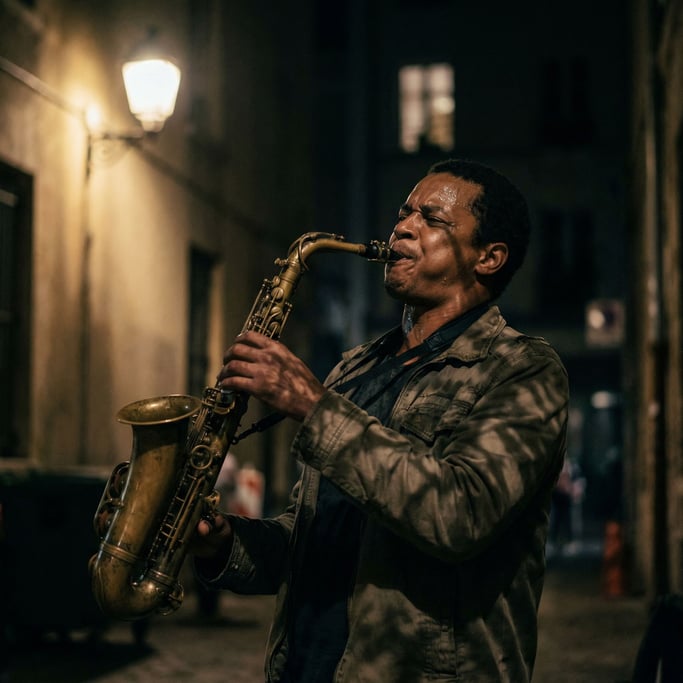 A street musician playing saxophone under a pool of streetlight, everything else in shadow (r7ccu1zb)