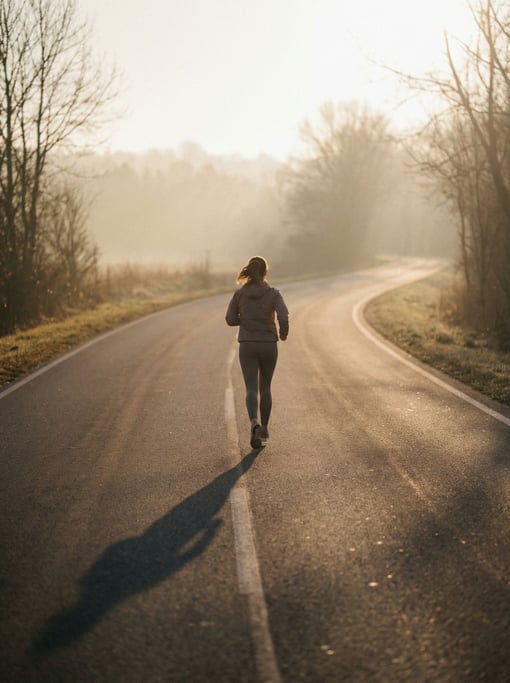 A woman running on an empty road at dawn, shot from behind, long shadows stretching forward (dp6xxtd9)